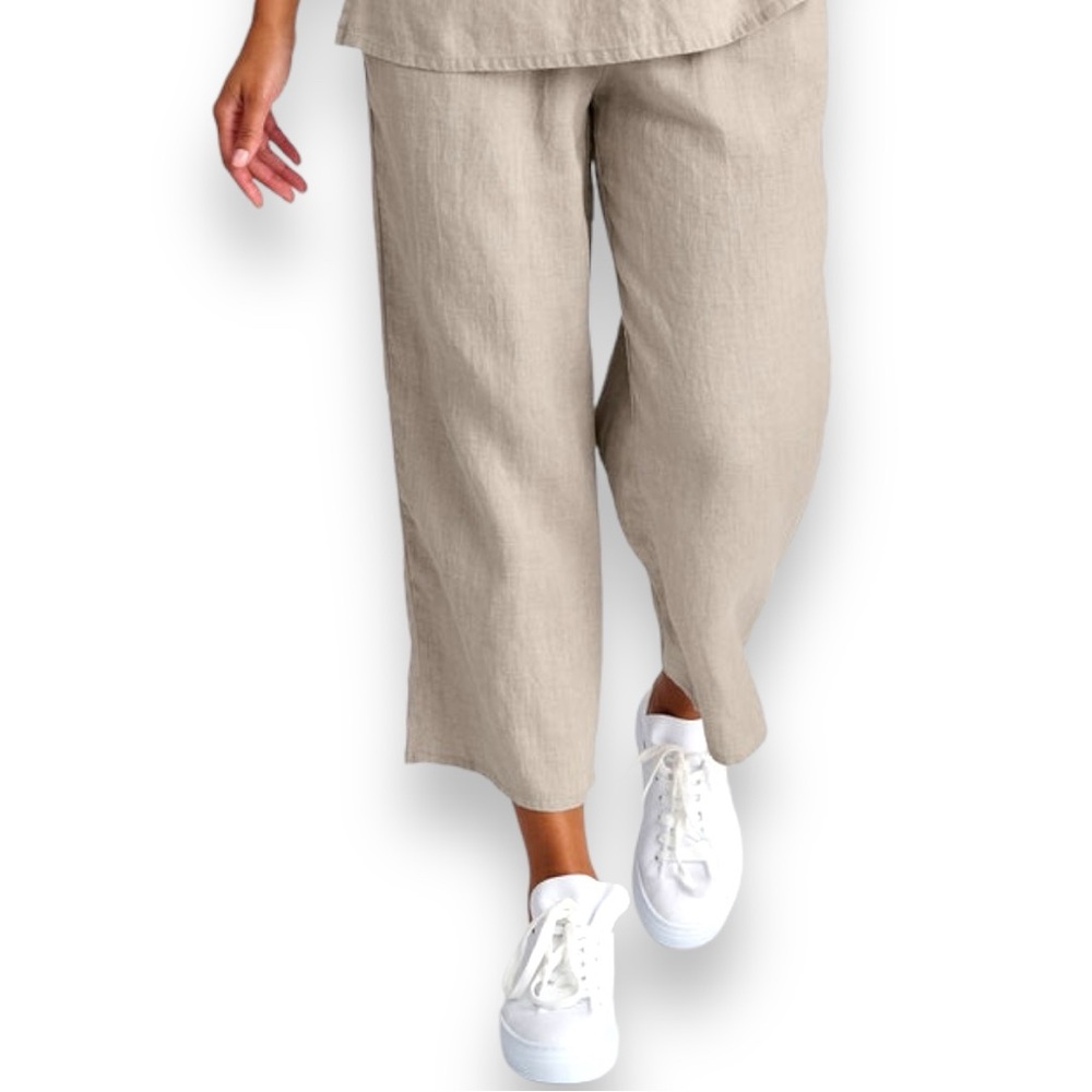 FLAX Flood Size S 100% Linen Crop/Ankle Wide Leg High Rise Elastic Waist
